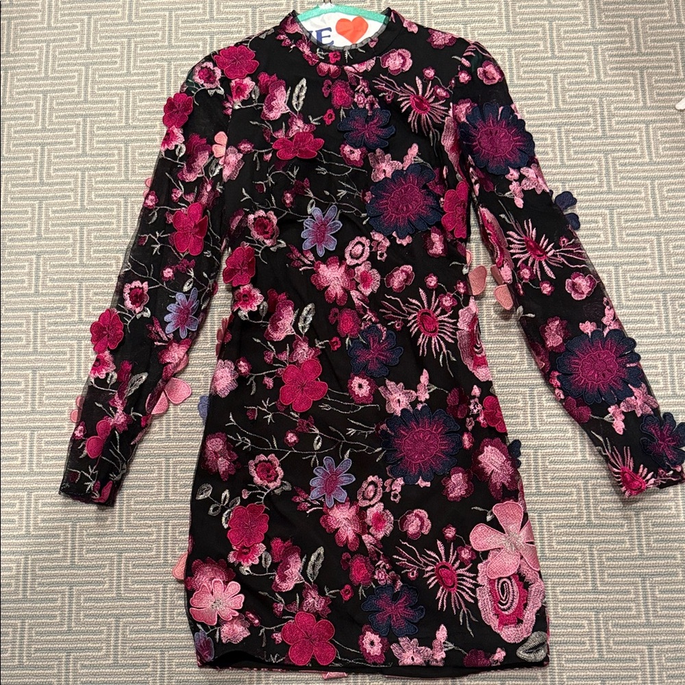 Monique Lhuillier Black and Pink Floral Long Sleeve Dress